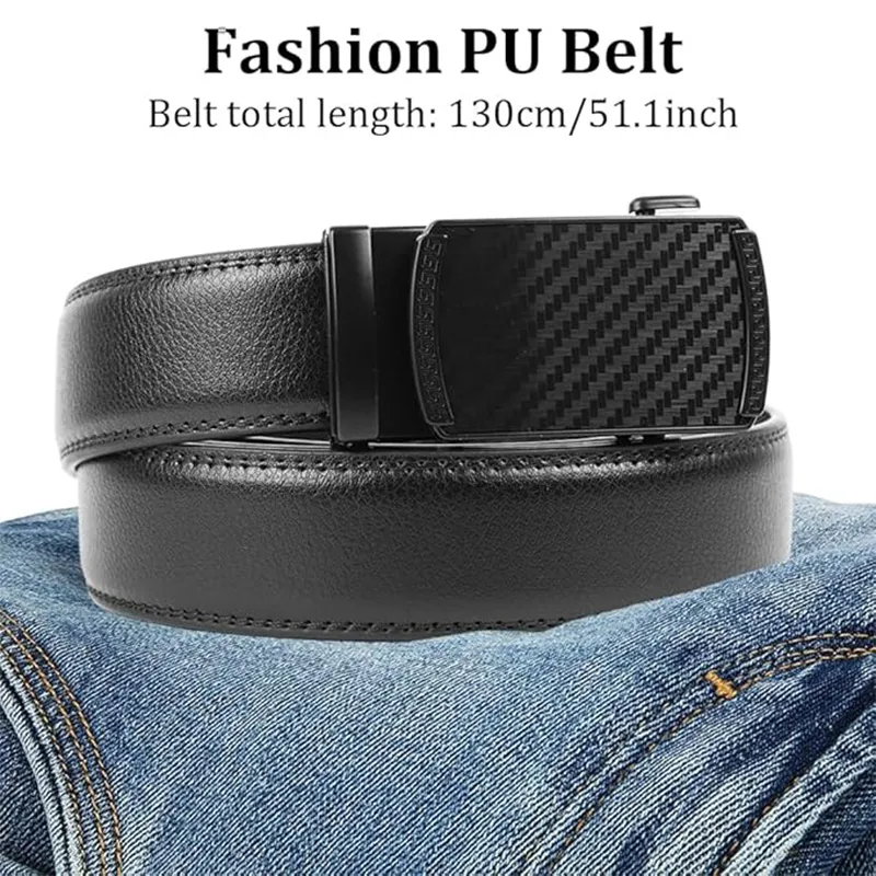 Mens Fashion Genuine Leather Belt - Trendy Black Auto-Lock Slide Buckle Black-7