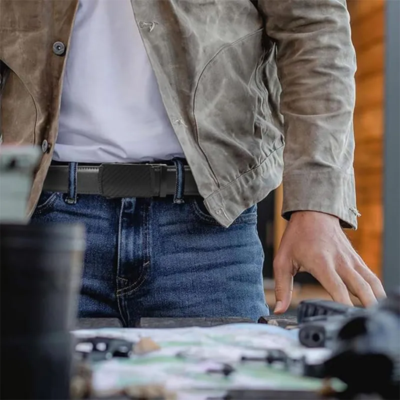 Mens Fashion Genuine Leather Belt - Trendy Black Auto-Lock Slide Buckle Black-8