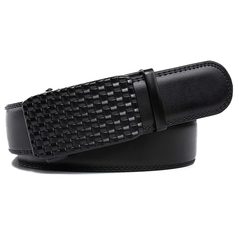 Mens Smart Automatic Leather Belt - Sleek Black No-Hole Ratchet Strap Black-2