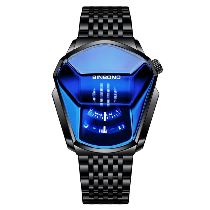 Unique Creative Analogue Watch, Stainless Steel Black Tone Strap Quartz Watch with Blue Big Dial