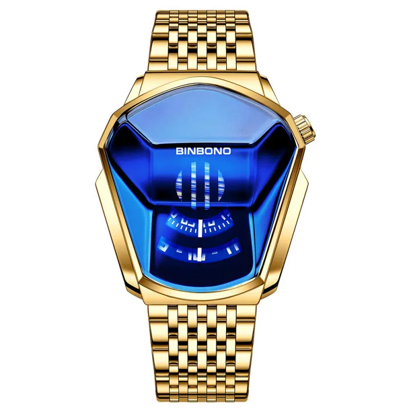 Premium Gold Finish Men's Analogue Watch - Luxury Blue Big Dial Stainless Steel Quartz Wristwatch