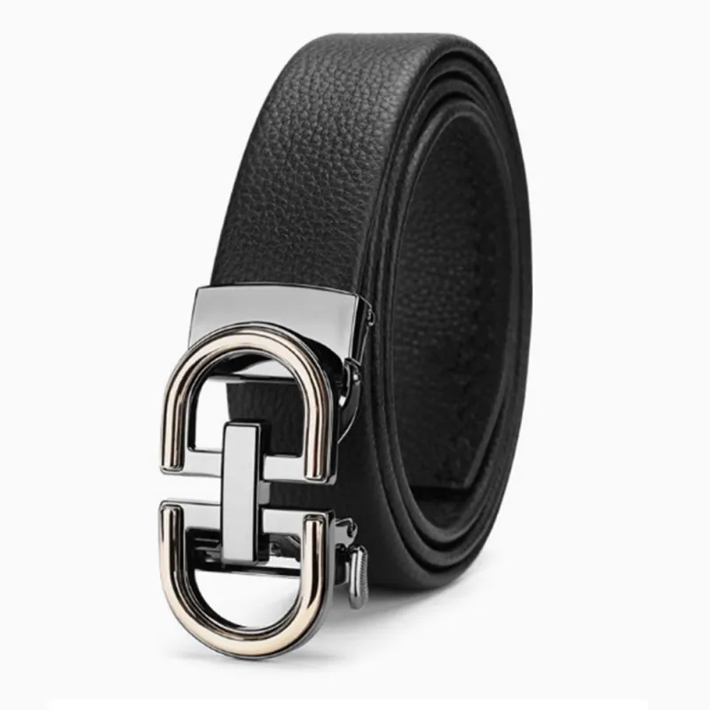 Premium Black Genuine Leather Belt for Men - Durable Auto-Lock Ratchet Buckle