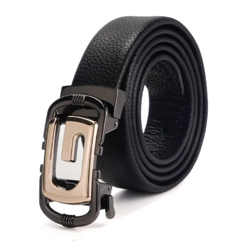 Luxury Black Top-Grain Leather Belt - Royal Gold Ratchet Auto-Lock Design