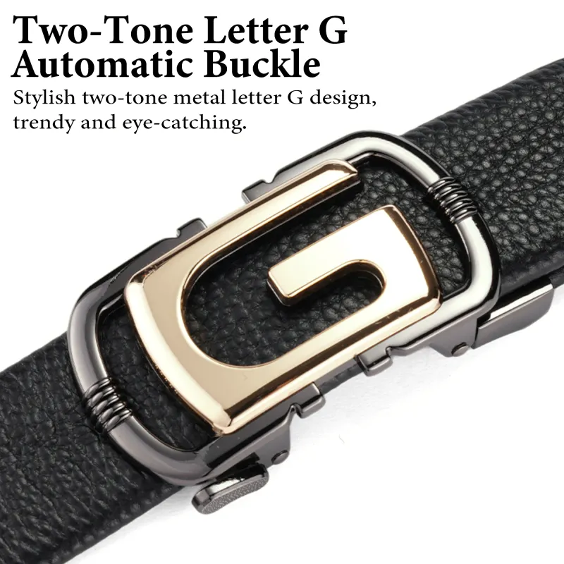 Luxury Black Top-Grain Leather Belt - Royal Gold Ratchet Auto-Lock Design Black-2