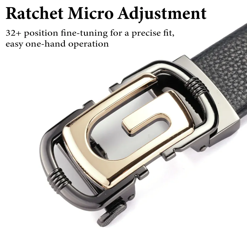 Luxury Black Top-Grain Leather Belt - Royal Gold Ratchet Auto-Lock Design Black-4