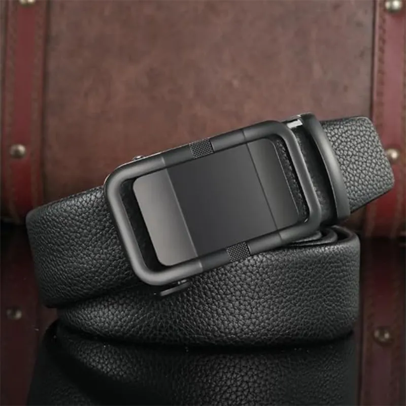 Luxury Mens Reversible Leather Belt - Effortless Auto-Lock No-Hole Smart Design Black-2