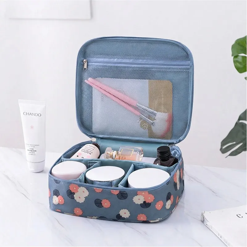 New Korean Style AB Version Makeup Bag Travel Storage Box Large Handheld Portable Layered Makeup Bag Blue-2