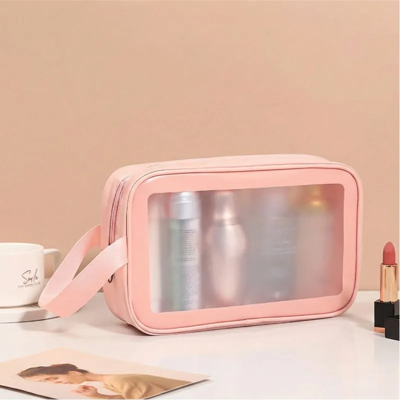 New transparent makeup bag PVC toiletry storage bag for shower, swimming, and beach, trendy PU frosted bag Pink-2