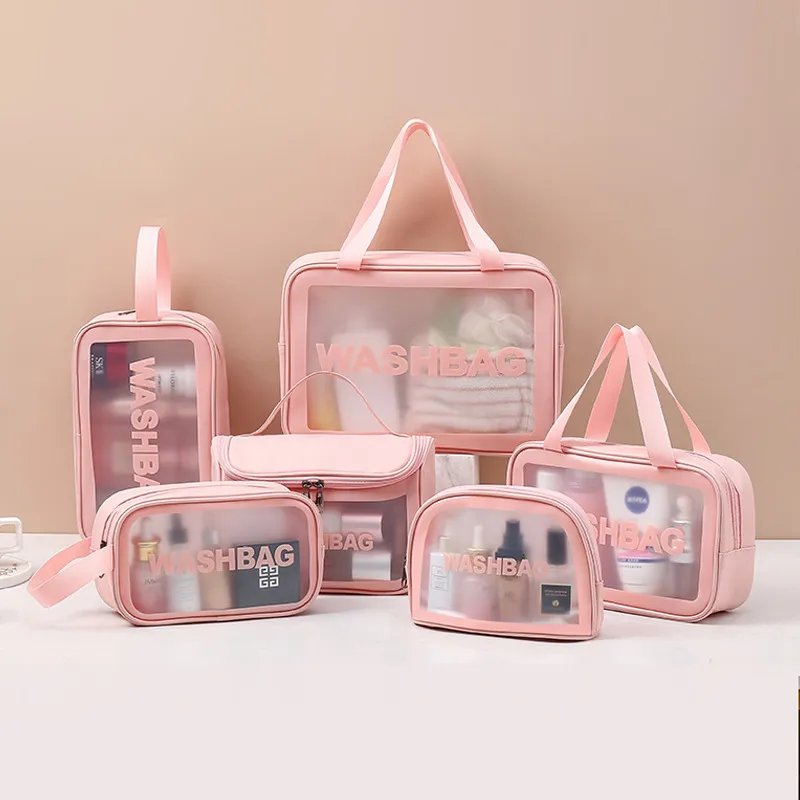 New transparent makeup bag PVC toiletry storage bag for shower, swimming, and beach, trendy PU frosted bag Pink-5