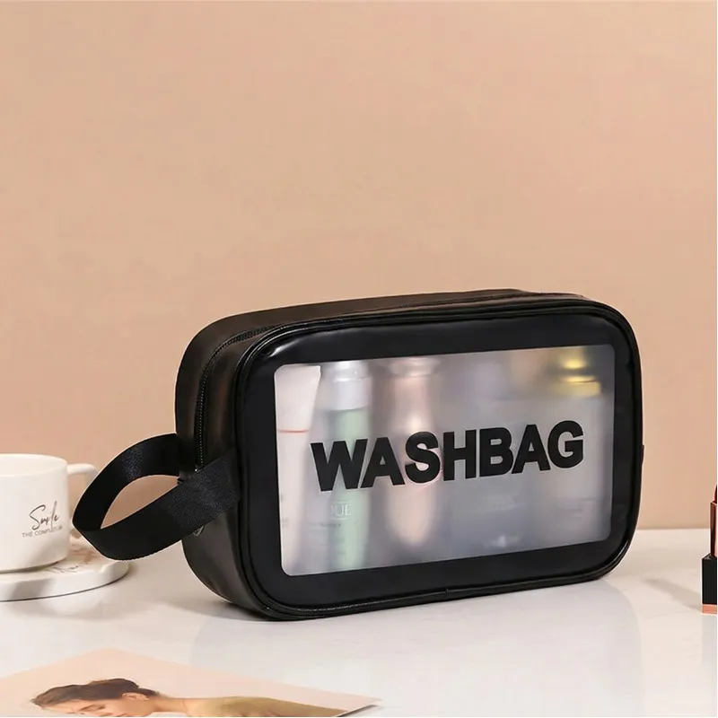 New transparent makeup bag PVC toiletry storage bag for shower, swimming, and beach, trendy PU frosted bag Black-2