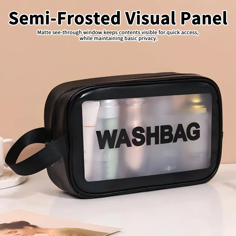 New transparent makeup bag PVC toiletry storage bag for shower, swimming, and beach, trendy PU frosted bag Black-3