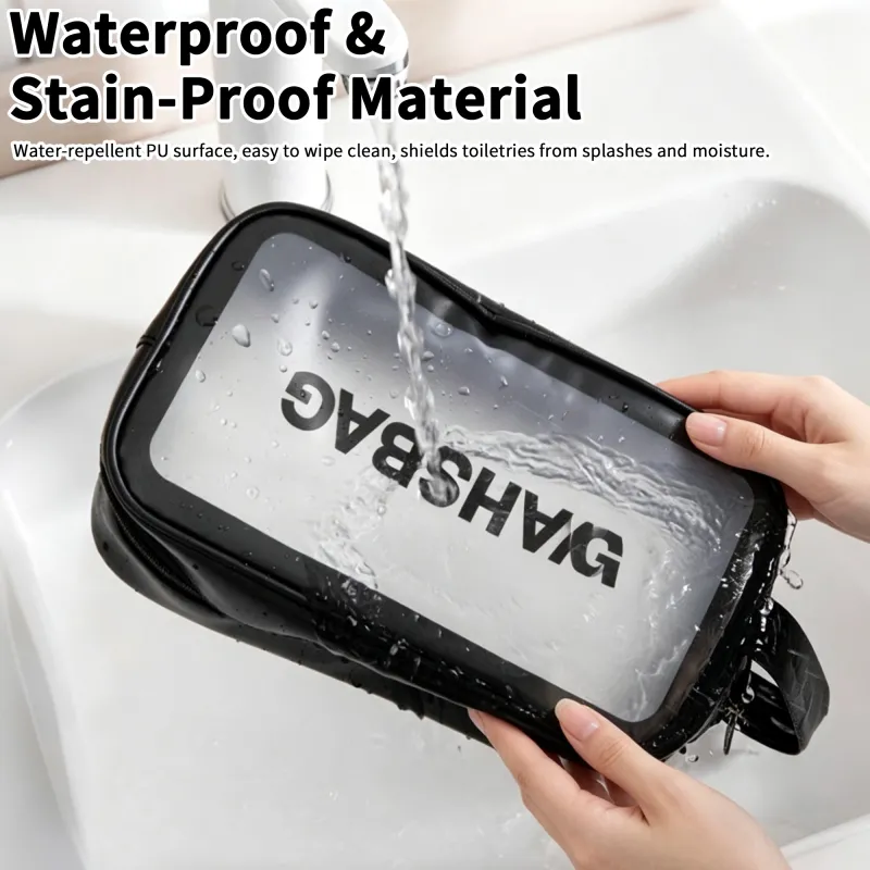 New transparent makeup bag PVC toiletry storage bag for shower, swimming, and beach, trendy PU frosted bag Black-5