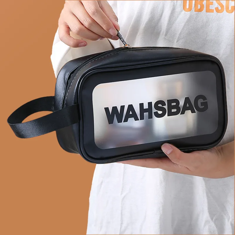 New transparent makeup bag PVC toiletry storage bag for shower, swimming, and beach, trendy PU frosted bag Black-6