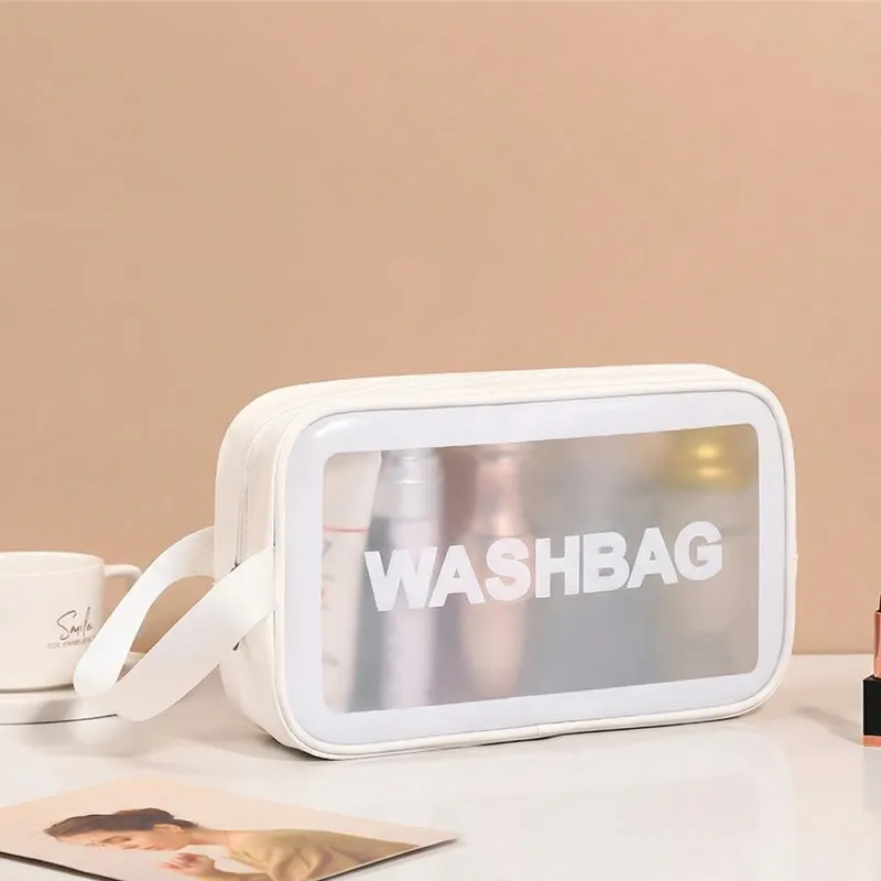 New transparent makeup bag PVC toiletry storage bag for shower, swimming, and beach, trendy PU frosted bag White-2