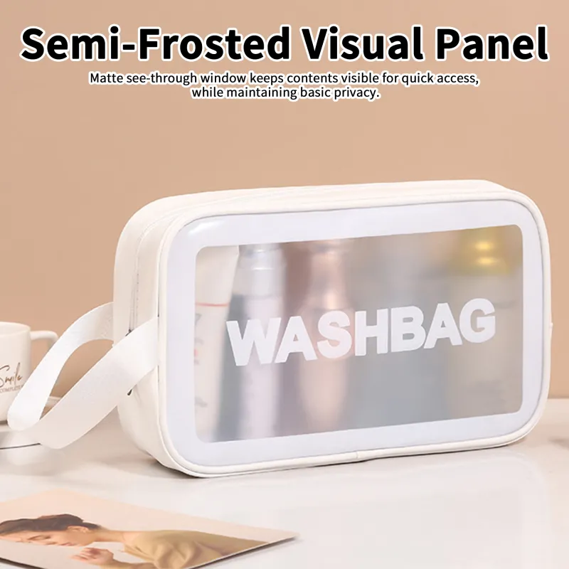 New transparent makeup bag PVC toiletry storage bag for shower, swimming, and beach, trendy PU frosted bag White-3