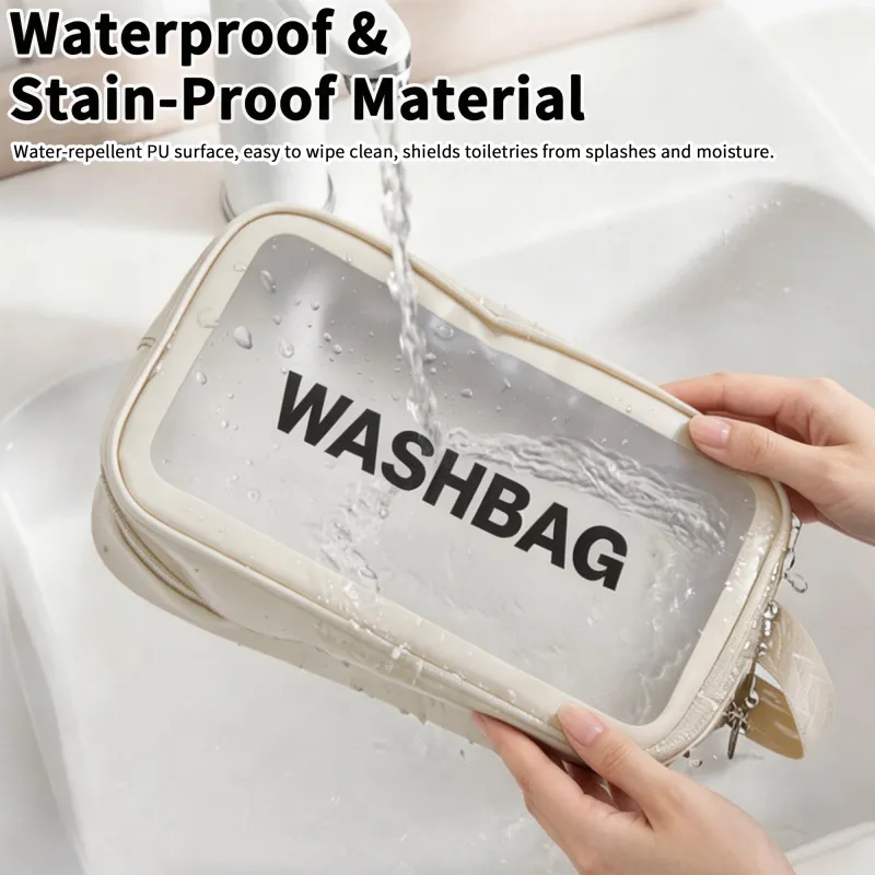 New transparent makeup bag PVC toiletry storage bag for shower, swimming, and beach, trendy PU frosted bag White-5