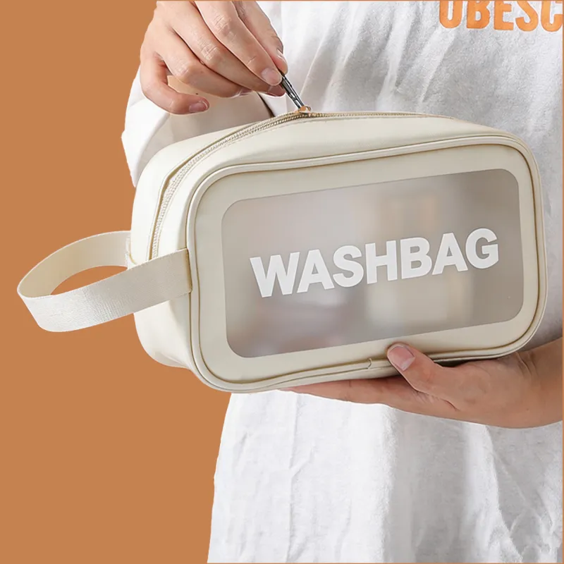 New transparent makeup bag PVC toiletry storage bag for shower, swimming, and beach, trendy PU frosted bag White-6