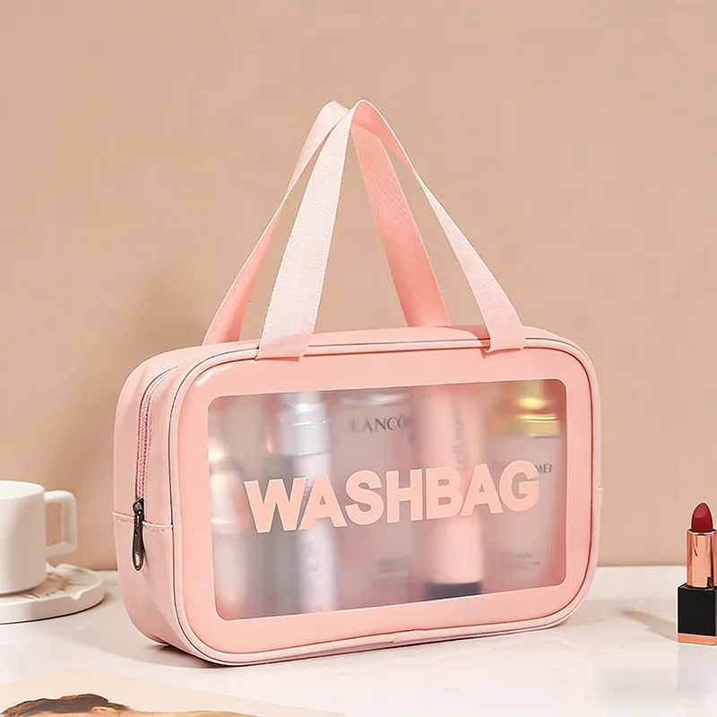 New transparent makeup bag PVC toiletry storage bag for shower, swimming, and beach, trendy PU frosted bag Pink M-2