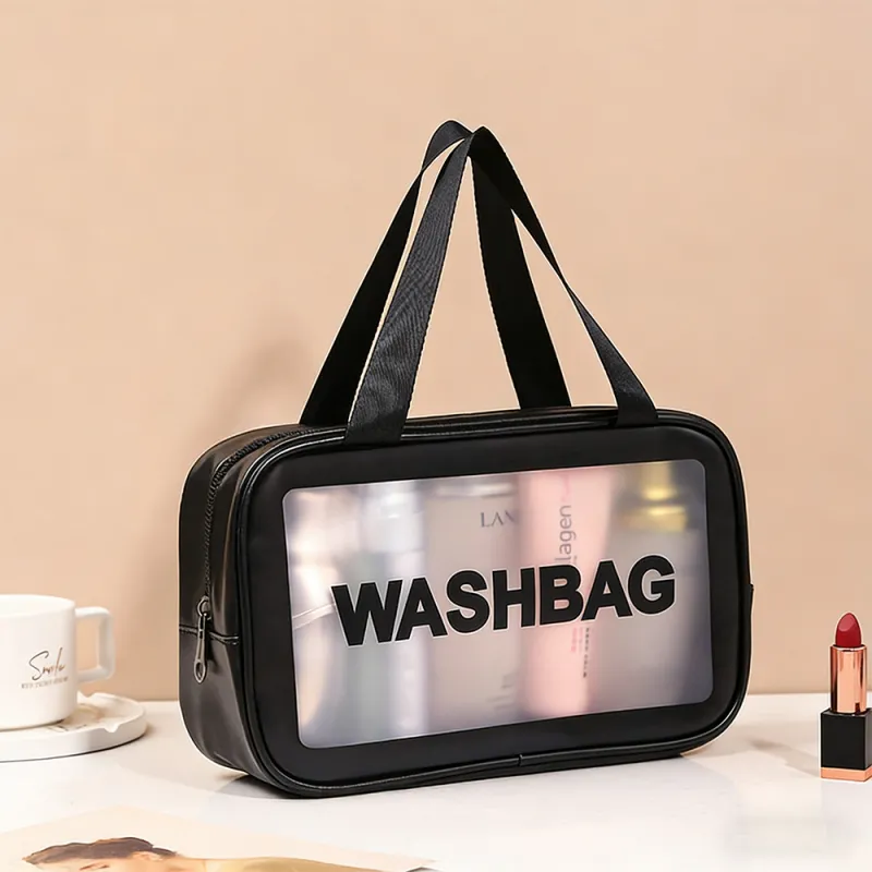 New transparent makeup bag PVC toiletry storage bag for shower, swimming, and beach, trendy PU frosted bag Black  M-2