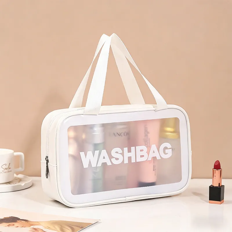 New transparent makeup bag PVC toiletry storage bag for shower, swimming, and beach, trendy PU frosted bag White M-2