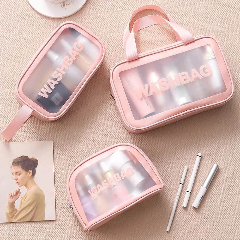 New transparent makeup bag PVC toiletry storage bag for shower, swimming, and beach, trendy PU frosted bag Pink L-4