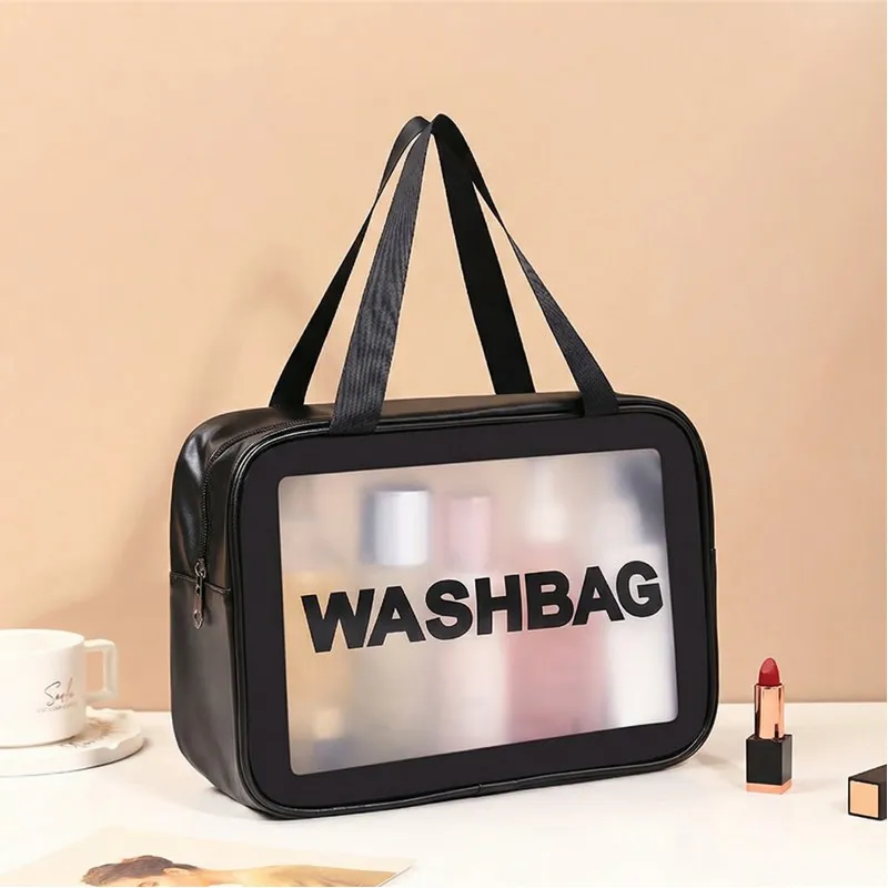 New transparent makeup bag PVC toiletry storage bag for shower, swimming, and beach, trendy PU frosted bag Black  L-2