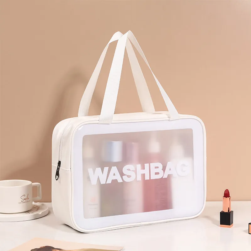 New transparent makeup bag PVC toiletry storage bag for shower, swimming, and beach, trendy PU frosted bag White L-2
