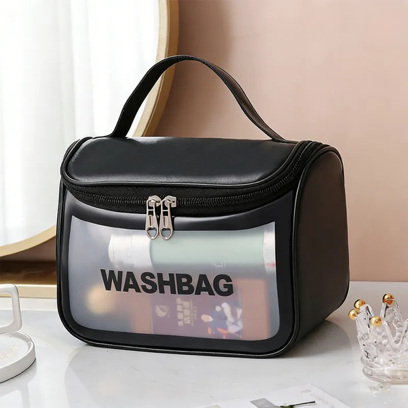 New transparent makeup bag PVC toiletry storage bag for shower, swimming, and beach, trendy PU frosted bag Black-2