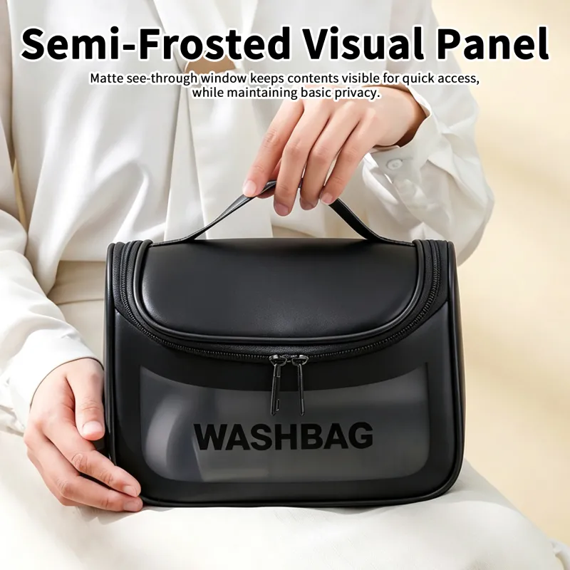 New transparent makeup bag PVC toiletry storage bag for shower, swimming, and beach, trendy PU frosted bag Black-3