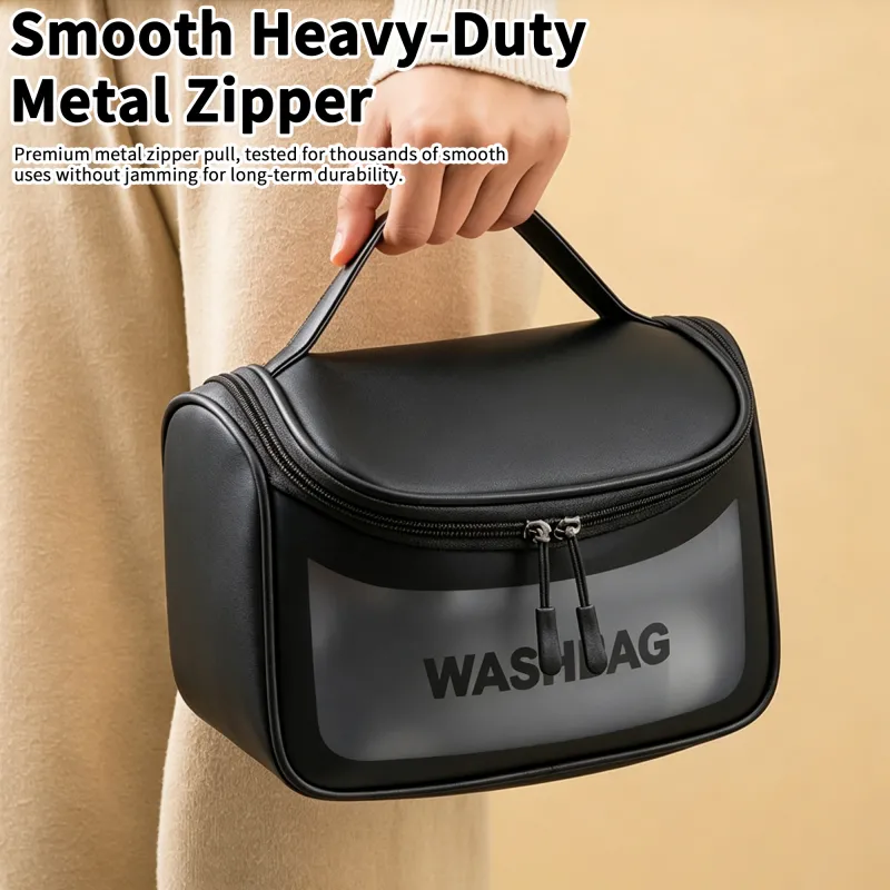 New transparent makeup bag PVC toiletry storage bag for shower, swimming, and beach, trendy PU frosted bag Black-4