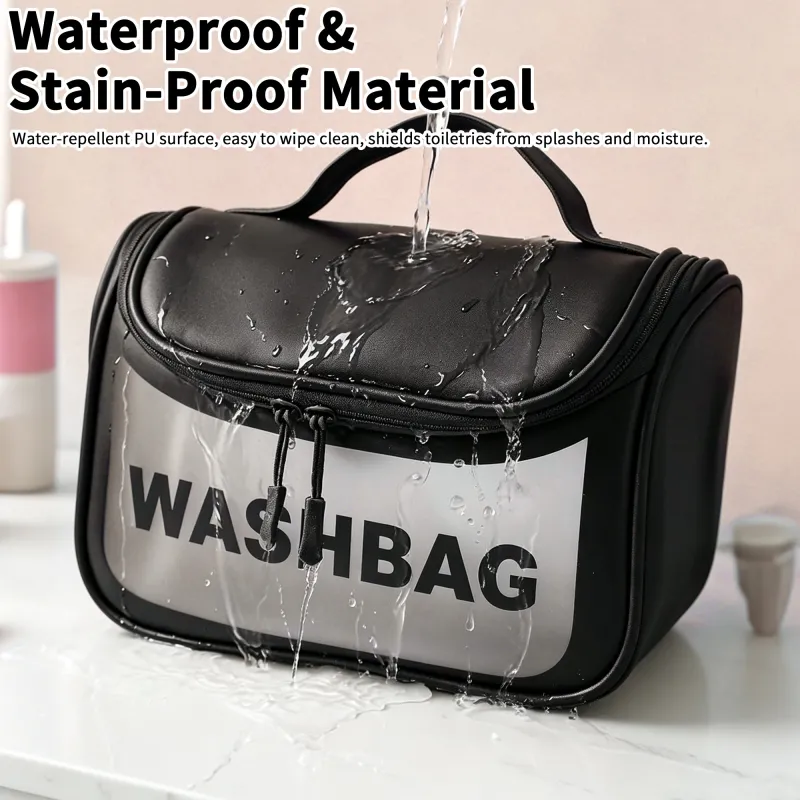 New transparent makeup bag PVC toiletry storage bag for shower, swimming, and beach, trendy PU frosted bag Black-5