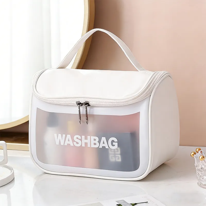 New transparent makeup bag PVC toiletry storage bag for shower, swimming, and beach, trendy PU frosted bag White-2