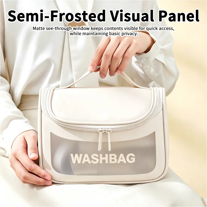 New transparent makeup bag PVC toiletry storage bag for shower, swimming, and beach, trendy PU frosted bag White-3