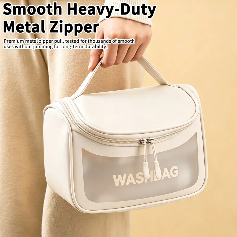 New transparent makeup bag PVC toiletry storage bag for shower, swimming, and beach, trendy PU frosted bag White-4