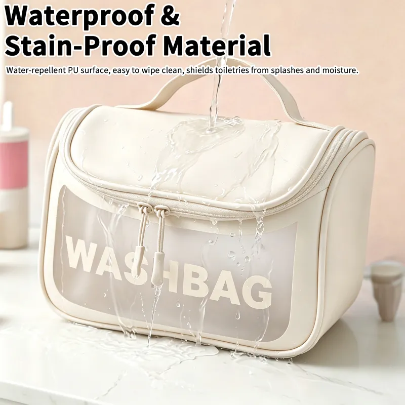New transparent makeup bag PVC toiletry storage bag for shower, swimming, and beach, trendy PU frosted bag White-5