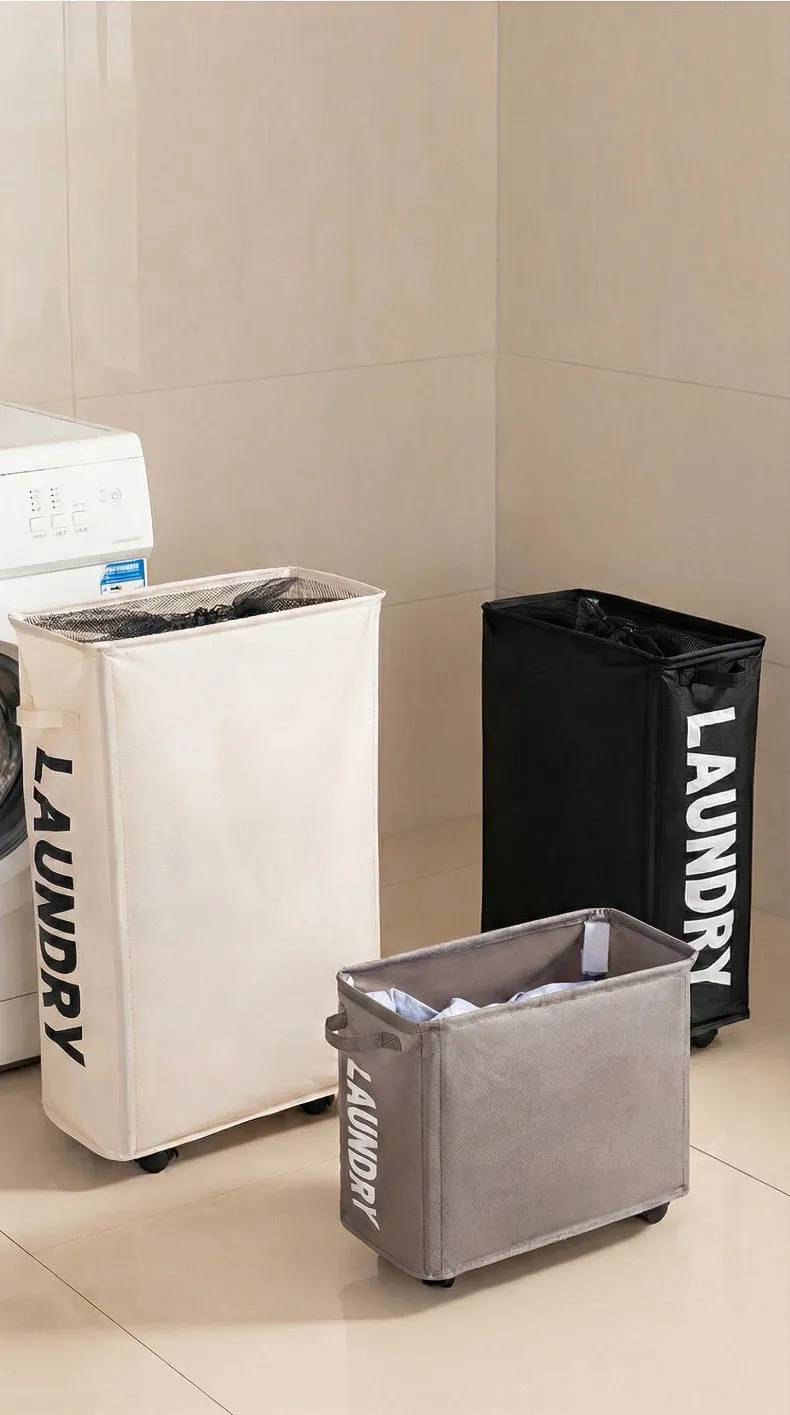 New Wheeled Storage Basket, Foldable and Portable, Large-Capacity Organizer for Home Laundry and Clothes White S-3