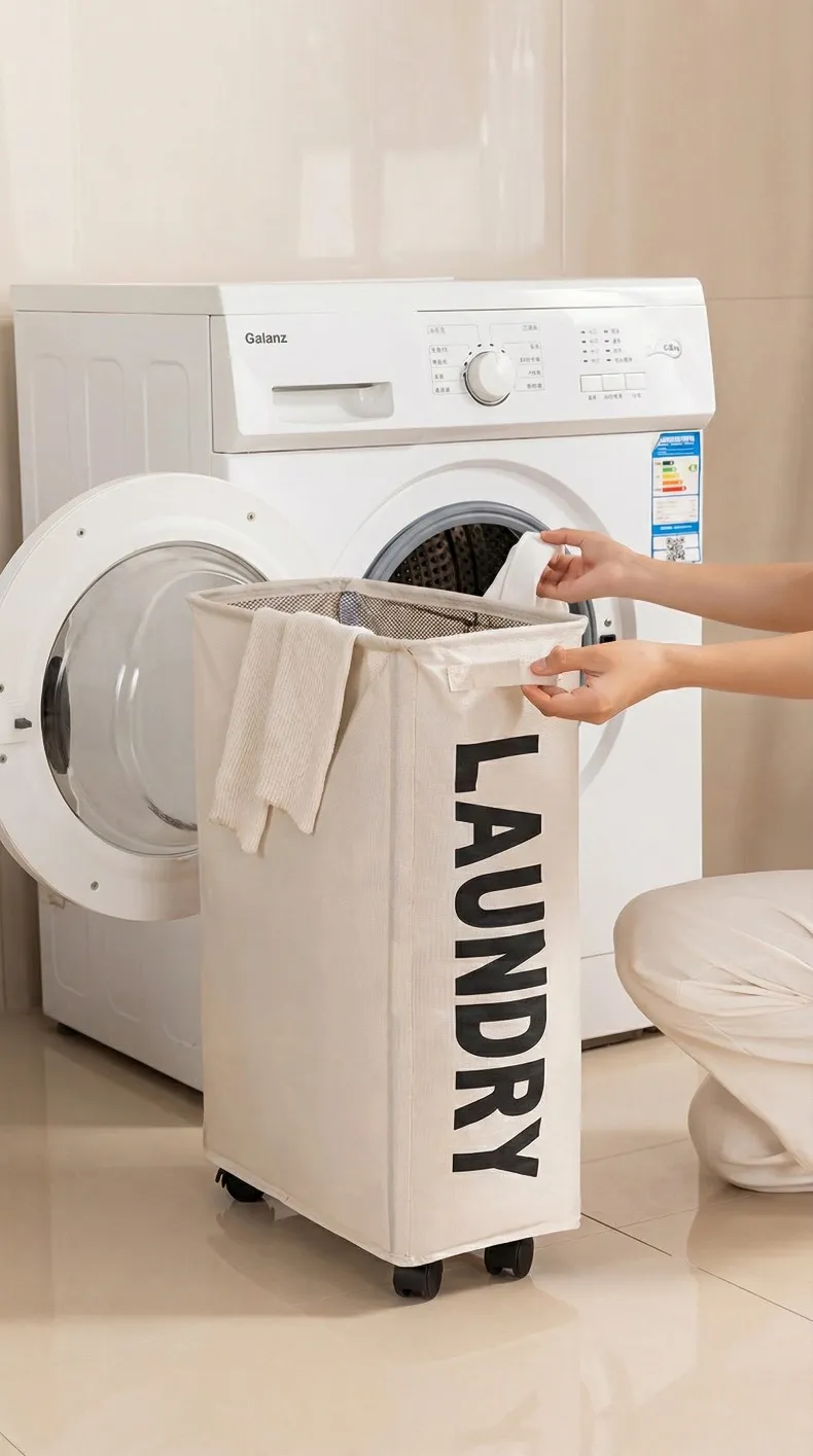 New Wheeled Storage Basket, Foldable and Portable, Large-Capacity Organizer for Home Laundry and Clothes Gray M-1