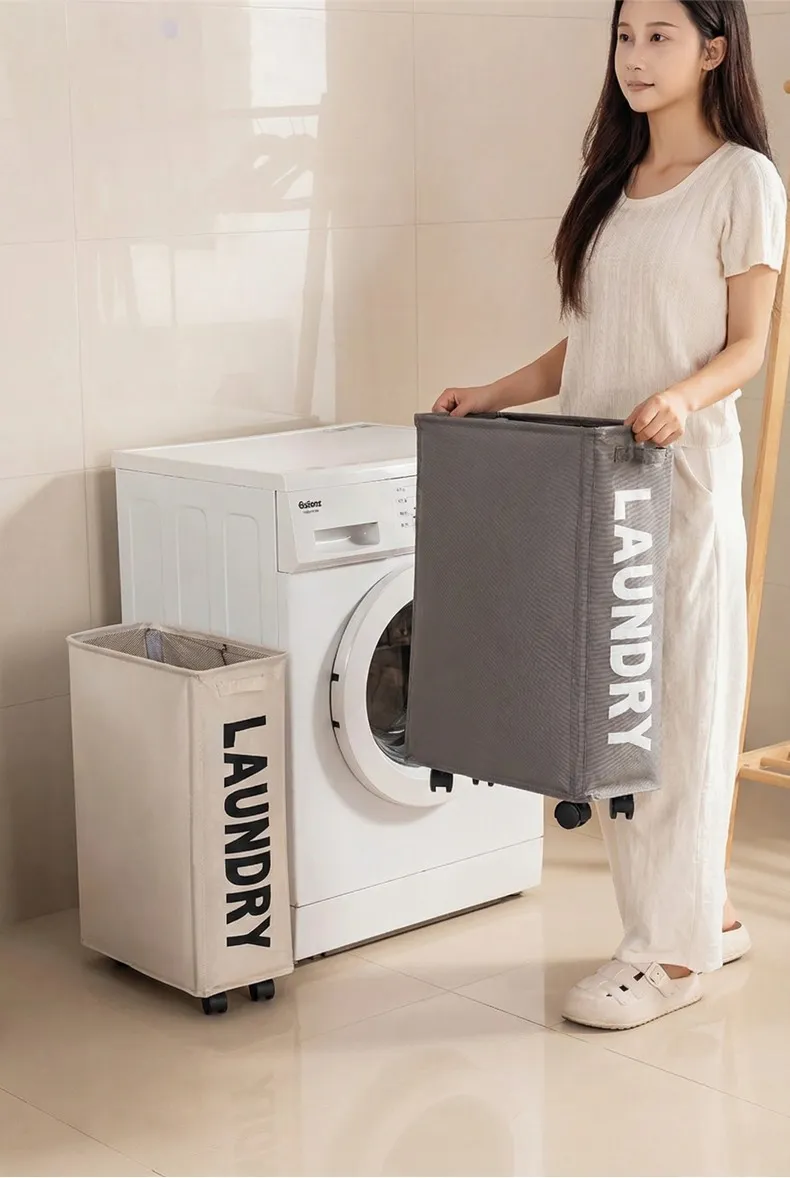 New Wheeled Storage Basket, Foldable and Portable, Large-Capacity Organizer for Home Laundry and Clothes Gray M-2