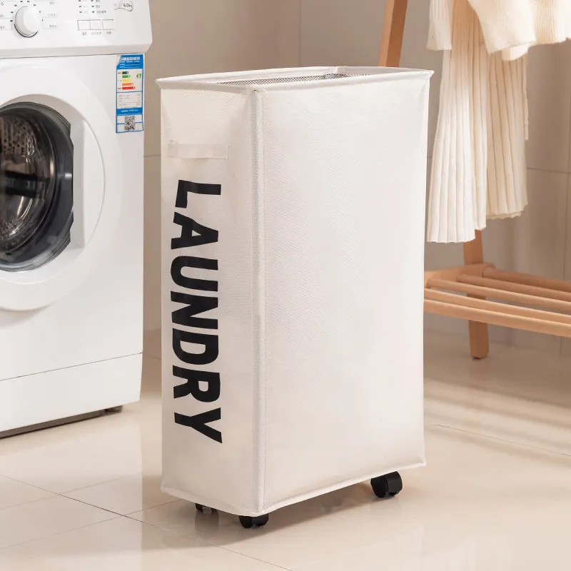 New Wheeled Storage Basket, Foldable and Portable, Large-Capacity Organizer for Home Laundry and Clothes White L-2