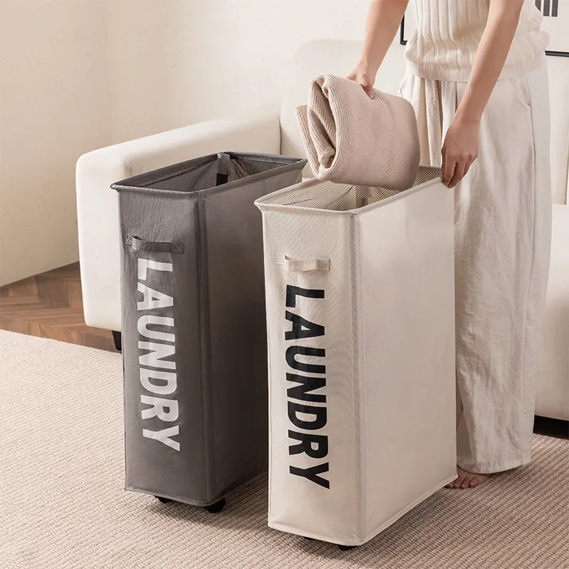 New Wheeled Storage Basket, Foldable and Portable, Large-Capacity Organizer for Home Laundry and Clothes White L-3