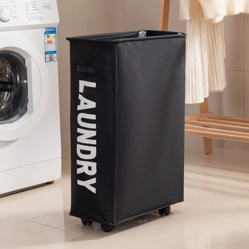 New Wheeled Storage Basket, Foldable and Portable, Large-Capacity Organizer for Home Laundry and Clothes Black  L-2