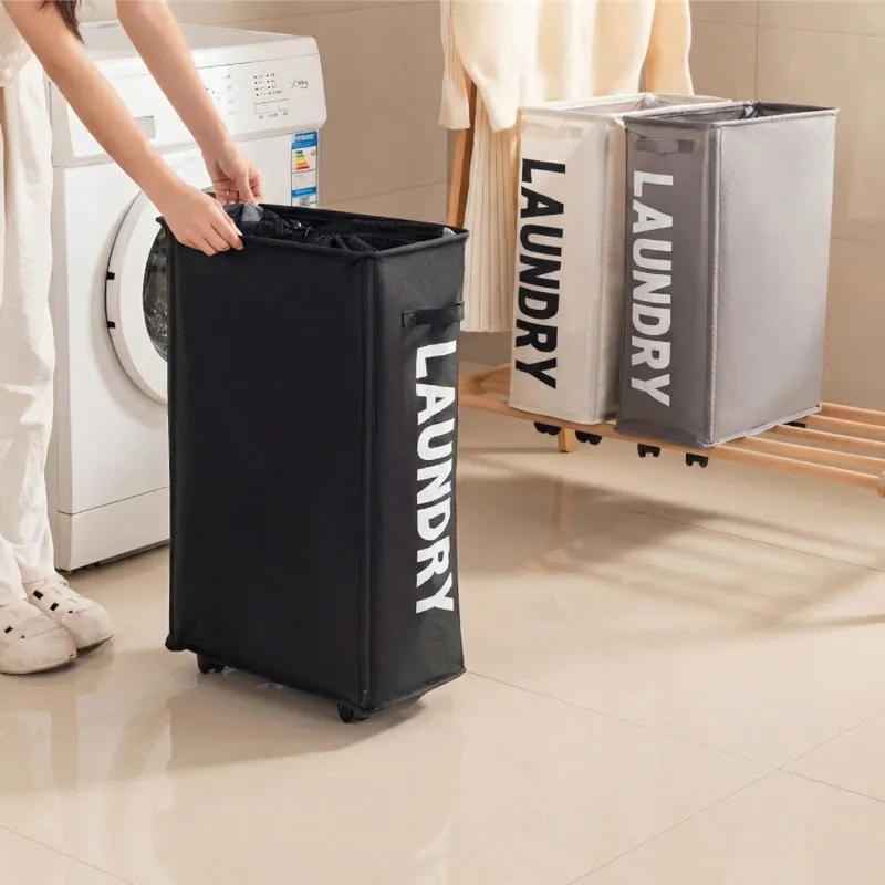 New Wheeled Storage Basket, Foldable and Portable, Large-Capacity Organizer for Home Laundry and Clothes Black  L-4
