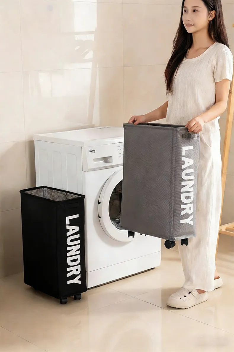 New Wheeled Storage Basket, Foldable and Portable, Large-Capacity Organizer for Home Laundry and Clothes Black  L-1