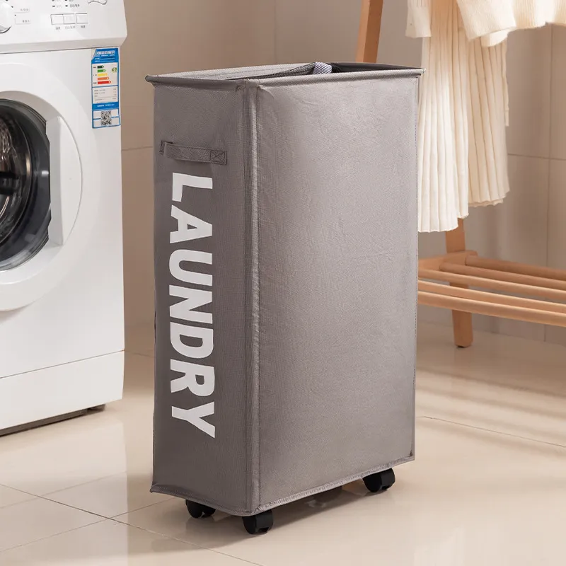 New Wheeled Storage Basket, Foldable and Portable, Large-Capacity Organizer for Home Laundry and Clothes Gray L-2