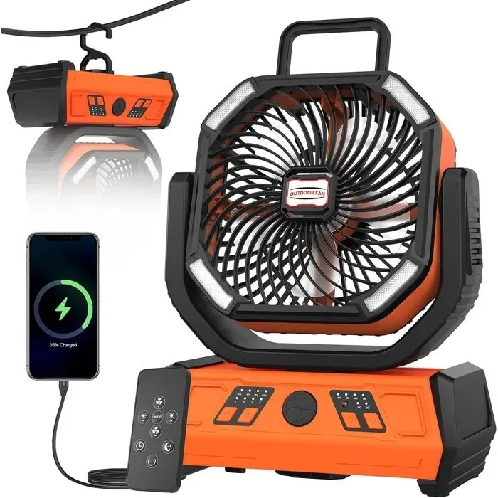 VoVoDeal X30 Outdoor Oscillating Fan with Remote Control, 20,000mAh Rechargeable Camping Fan with Power Bank Feature, 3-Level LED Lantern, 4 Speeds & 360° Rotatable Hook for Tent, RV & Jobsite