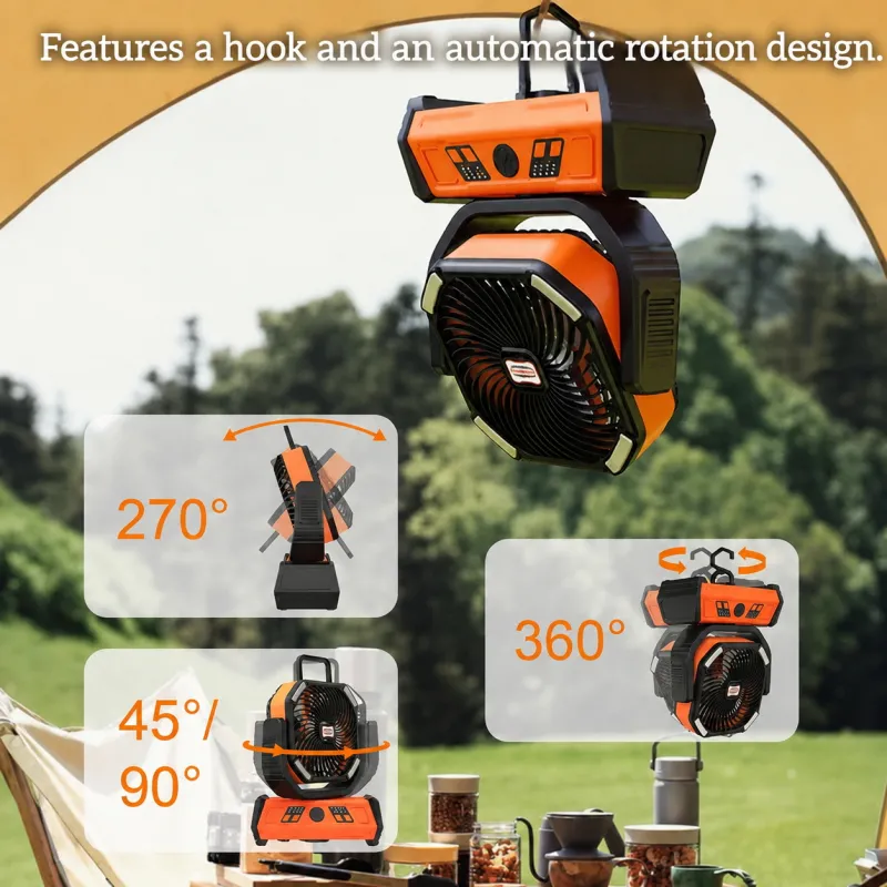 VoVoDeal X30 Outdoor Oscillating Fan with Remote Control, 6000mAh Rechargeable Camping Fan with Power Bank Feature, 3-Level LED Lantern, 4 Speeds & 360° Rotatable Hook for Tent, RV & Jobsite Orange-3