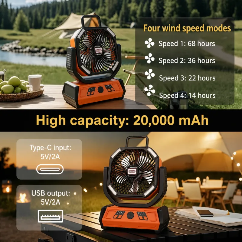 VoVoDeal X30 Outdoor Oscillating Fan with Remote Control, 6000mAh Rechargeable Camping Fan with Power Bank Feature, 3-Level LED Lantern, 4 Speeds & 360° Rotatable Hook for Tent, RV & Jobsite Orange-4