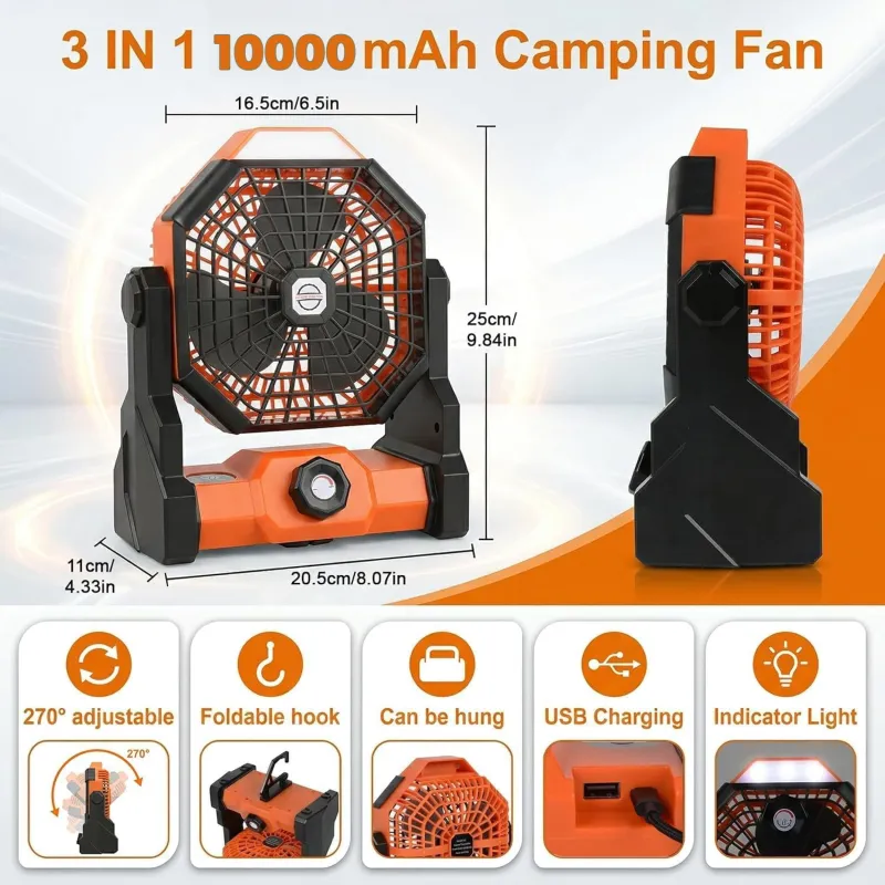 VoVoDeal X30 Outdoor Portable Fan, 4500mAh Rechargeable Camping Fan with Stepless Speed Regulation & 3-Mode LED Lantern, Fall-Resistant Brushless Motor Quiet Fan for Tent, Jobsite & Travel Orange-2