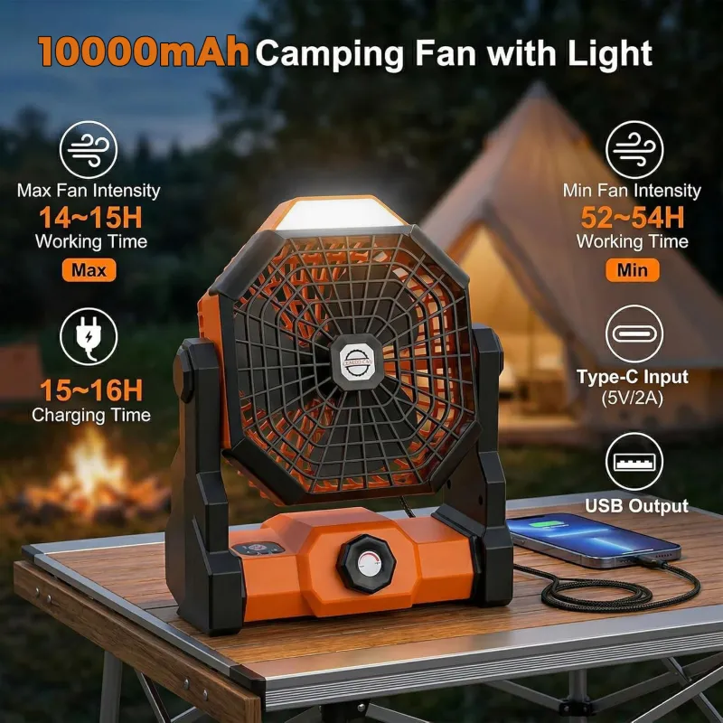 VoVoDeal X30 Outdoor Portable Fan, 4500mAh Rechargeable Camping Fan with Stepless Speed Regulation & 3-Mode LED Lantern, Fall-Resistant Brushless Motor Quiet Fan for Tent, Jobsite & Travel Orange-3