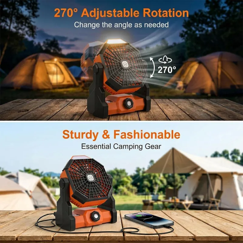 VoVoDeal X30 Outdoor Portable Fan, 4500mAh Rechargeable Camping Fan with Stepless Speed Regulation & 3-Mode LED Lantern, Fall-Resistant Brushless Motor Quiet Fan for Tent, Jobsite & Travel Orange-4
